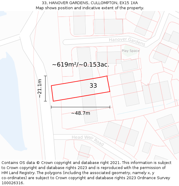 33, HANOVER GARDENS, CULLOMPTON, EX15 1XA: Plot and title map