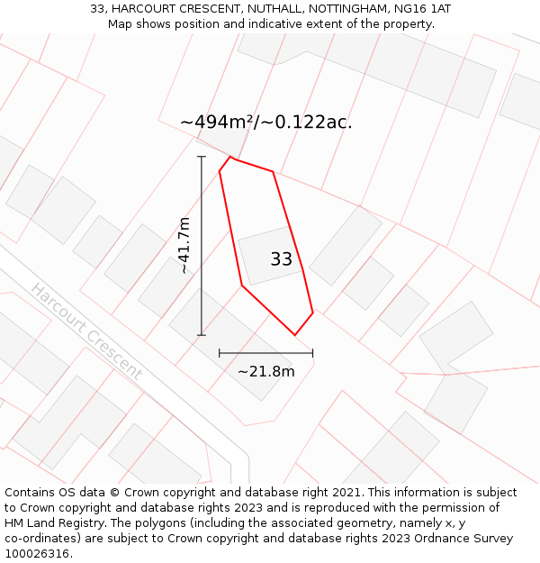 33, HARCOURT CRESCENT, NUTHALL, NOTTINGHAM, NG16 1AT: Plot and title map