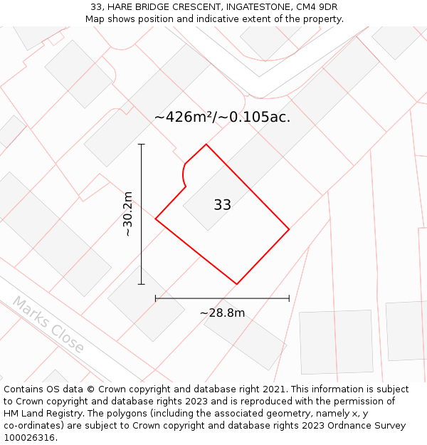 33, HARE BRIDGE CRESCENT, INGATESTONE, CM4 9DR: Plot and title map