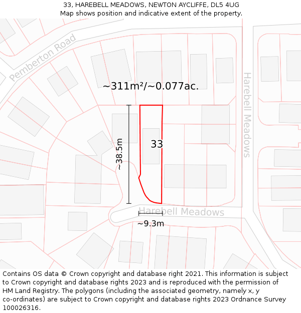 33, HAREBELL MEADOWS, NEWTON AYCLIFFE, DL5 4UG: Plot and title map
