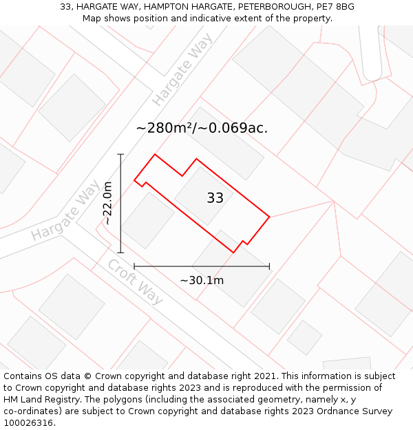 33, HARGATE WAY, HAMPTON HARGATE, PETERBOROUGH, PE7 8BG: Plot and title map