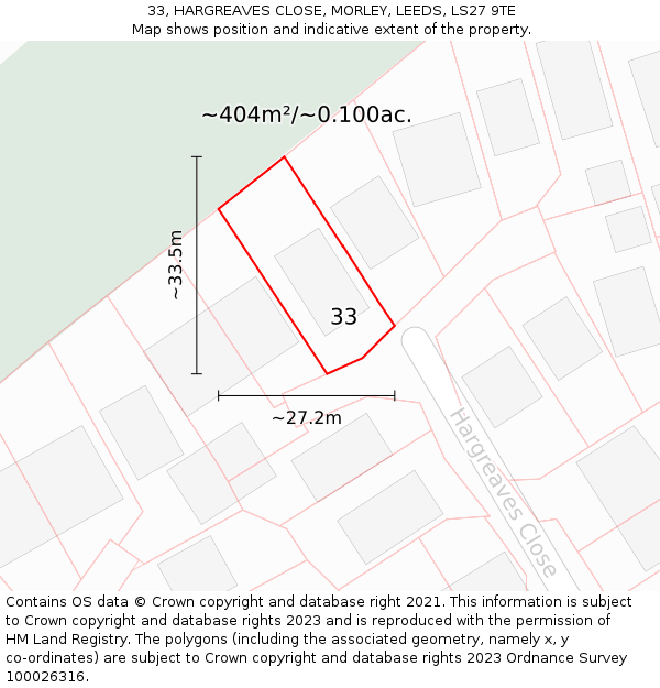 33, HARGREAVES CLOSE, MORLEY, LEEDS, LS27 9TE: Plot and title map