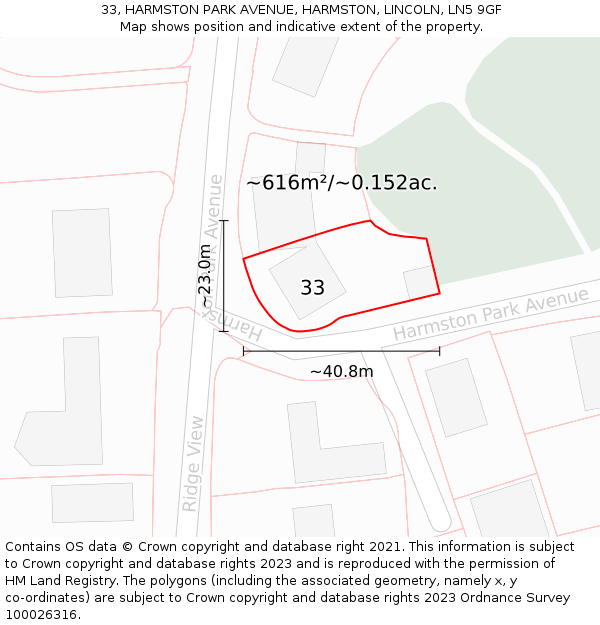 33, HARMSTON PARK AVENUE, HARMSTON, LINCOLN, LN5 9GF: Plot and title map