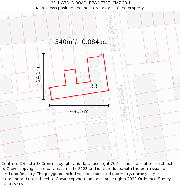 33, HAROLD ROAD, BRAINTREE, CM7 2RU: Plot and title map