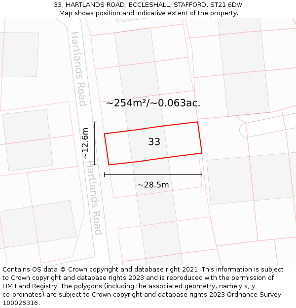 33, HARTLANDS ROAD, ECCLESHALL, STAFFORD, ST21 6DW: Plot and title map