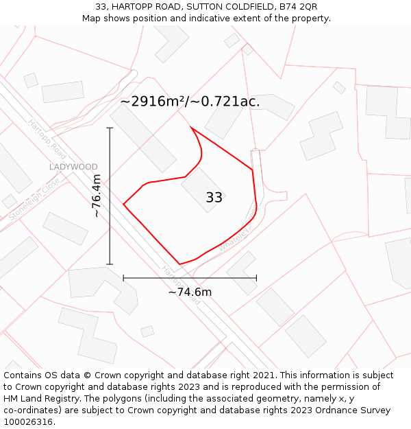 33, HARTOPP ROAD, SUTTON COLDFIELD, B74 2QR: Plot and title map