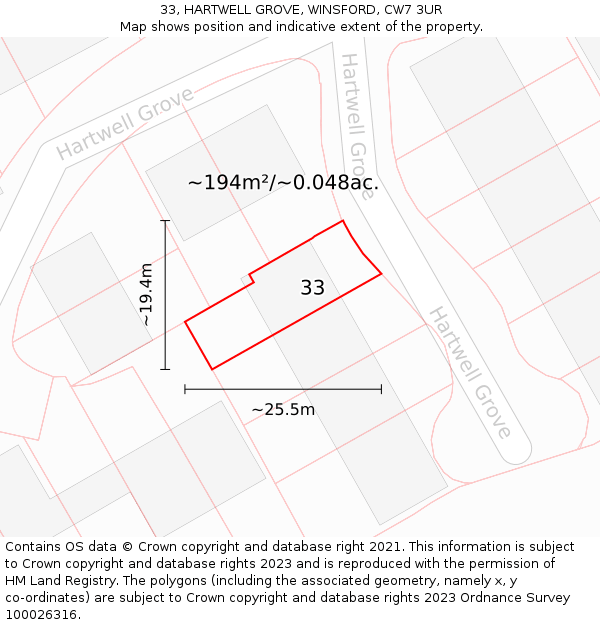 33, HARTWELL GROVE, WINSFORD, CW7 3UR: Plot and title map