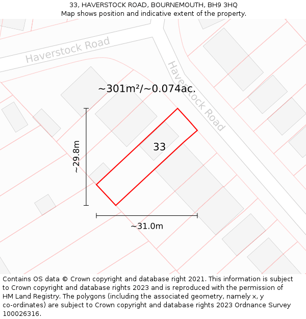 33, HAVERSTOCK ROAD, BOURNEMOUTH, BH9 3HQ: Plot and title map