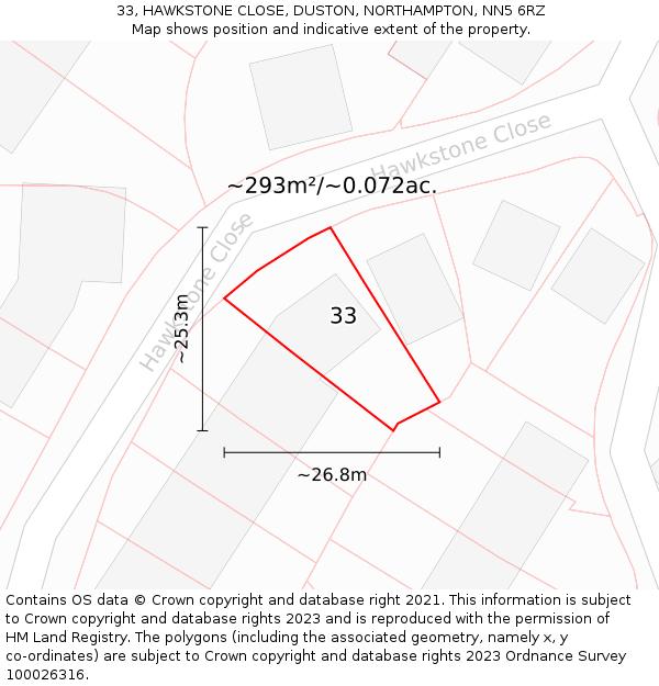 33, HAWKSTONE CLOSE, DUSTON, NORTHAMPTON, NN5 6RZ: Plot and title map