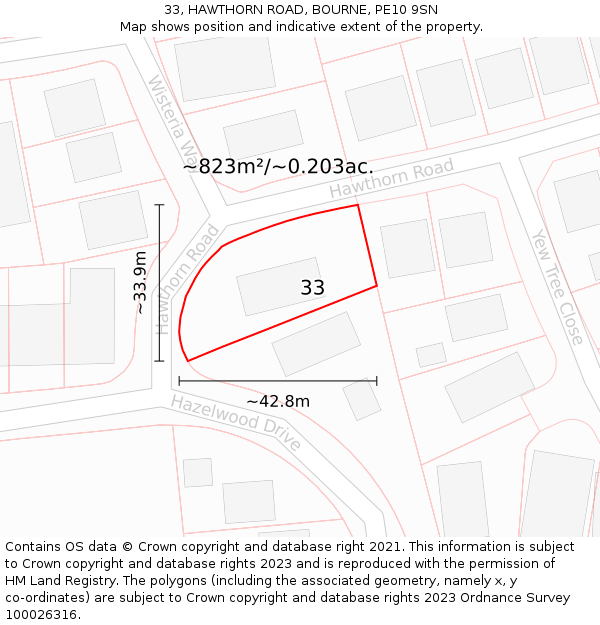 33, HAWTHORN ROAD, BOURNE, PE10 9SN: Plot and title map