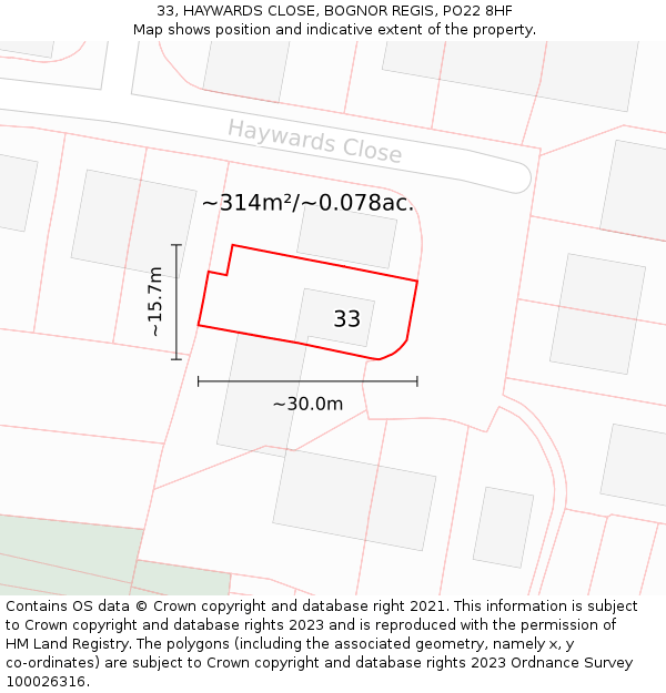 33, HAYWARDS CLOSE, BOGNOR REGIS, PO22 8HF: Plot and title map