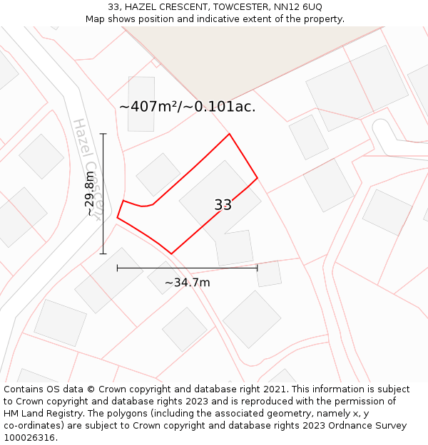 33, HAZEL CRESCENT, TOWCESTER, NN12 6UQ: Plot and title map