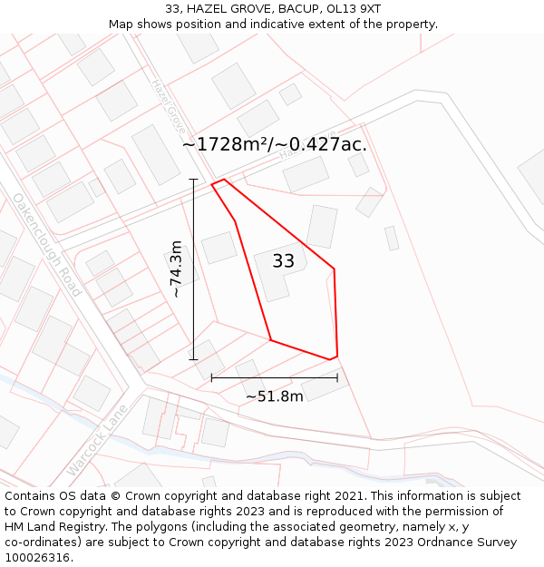 33, HAZEL GROVE, BACUP, OL13 9XT: Plot and title map