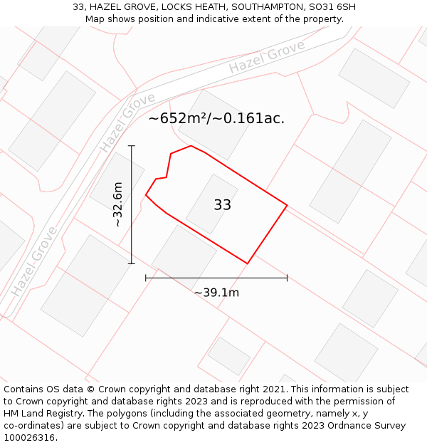 33, HAZEL GROVE, LOCKS HEATH, SOUTHAMPTON, SO31 6SH: Plot and title map