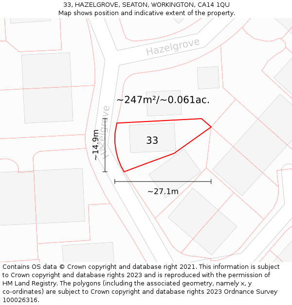 33, HAZELGROVE, SEATON, WORKINGTON, CA14 1QU: Plot and title map