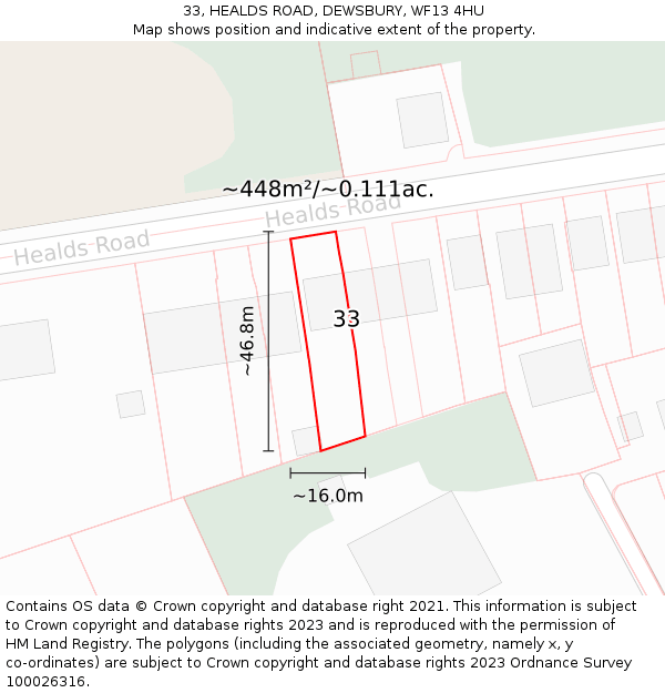 33, HEALDS ROAD, DEWSBURY, WF13 4HU: Plot and title map