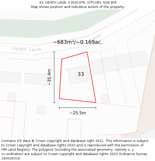 33, HEATH LANE, CODICOTE, HITCHIN, SG4 8YE: Plot and title map