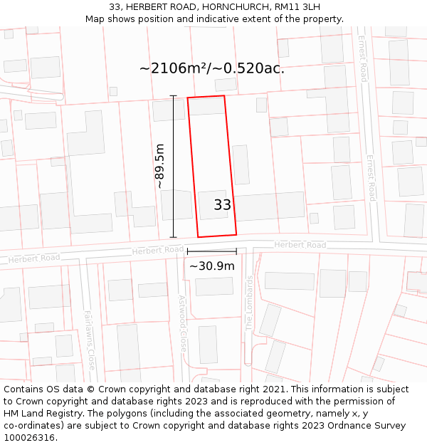 33, HERBERT ROAD, HORNCHURCH, RM11 3LH: Plot and title map