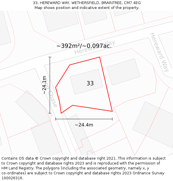 33, HEREWARD WAY, WETHERSFIELD, BRAINTREE, CM7 4EG: Plot and title map