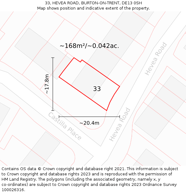 33, HEVEA ROAD, BURTON-ON-TRENT, DE13 0SH: Plot and title map