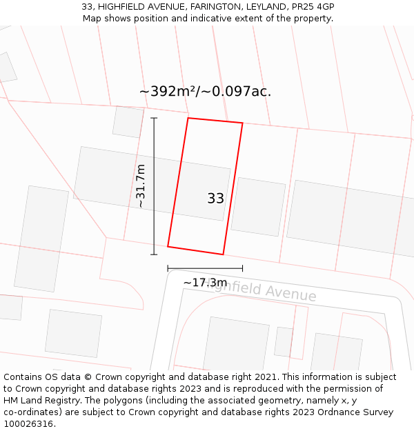 33, HIGHFIELD AVENUE, FARINGTON, LEYLAND, PR25 4GP: Plot and title map