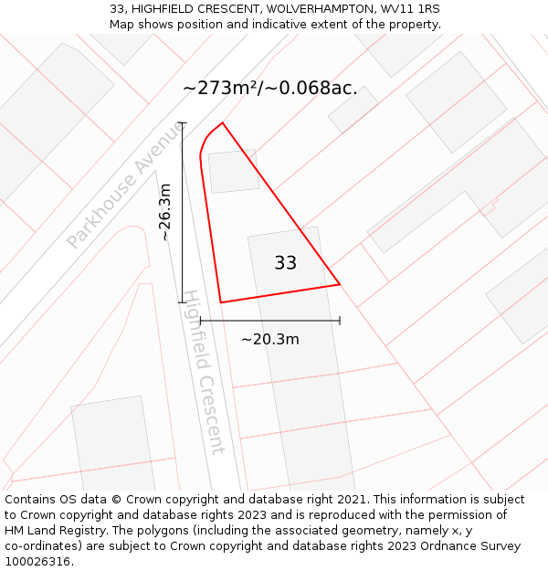 33, HIGHFIELD CRESCENT, WOLVERHAMPTON, WV11 1RS: Plot and title map
