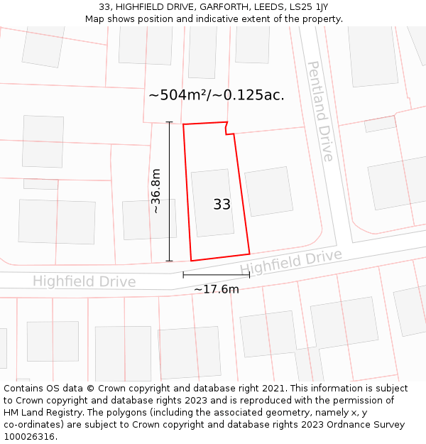 33, HIGHFIELD DRIVE, GARFORTH, LEEDS, LS25 1JY: Plot and title map