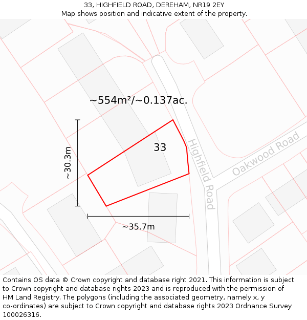 33, HIGHFIELD ROAD, DEREHAM, NR19 2EY: Plot and title map
