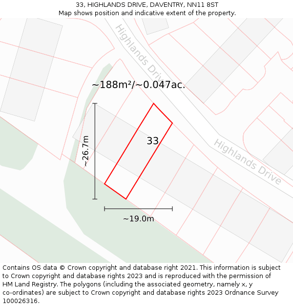 33, HIGHLANDS DRIVE, DAVENTRY, NN11 8ST: Plot and title map