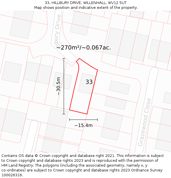 33, HILLBURY DRIVE, WILLENHALL, WV12 5UT: Plot and title map