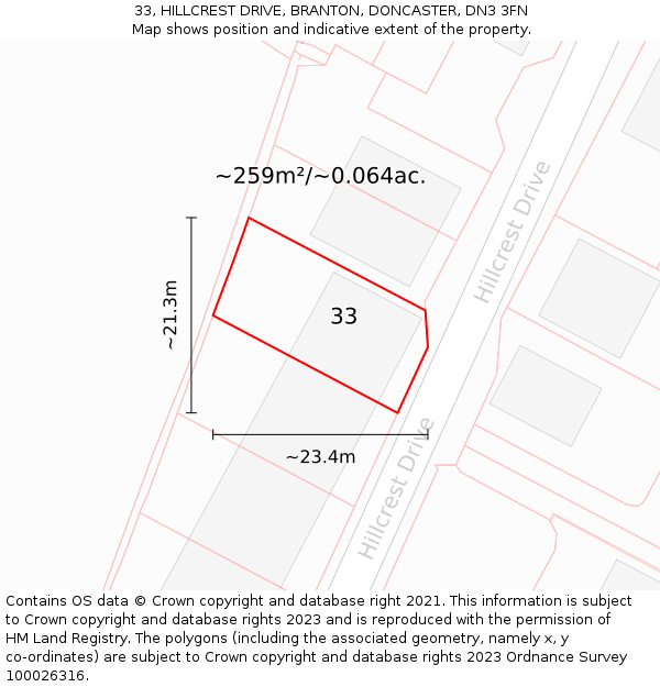 33, HILLCREST DRIVE, BRANTON, DONCASTER, DN3 3FN: Plot and title map