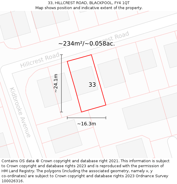 33, HILLCREST ROAD, BLACKPOOL, FY4 1QT: Plot and title map