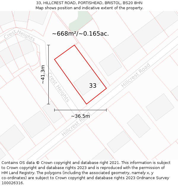33, HILLCREST ROAD, PORTISHEAD, BRISTOL, BS20 8HN: Plot and title map