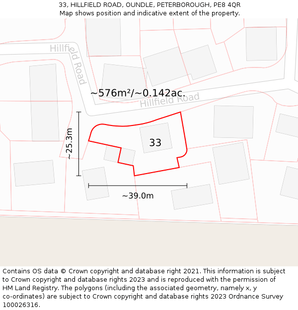 33, HILLFIELD ROAD, OUNDLE, PETERBOROUGH, PE8 4QR: Plot and title map