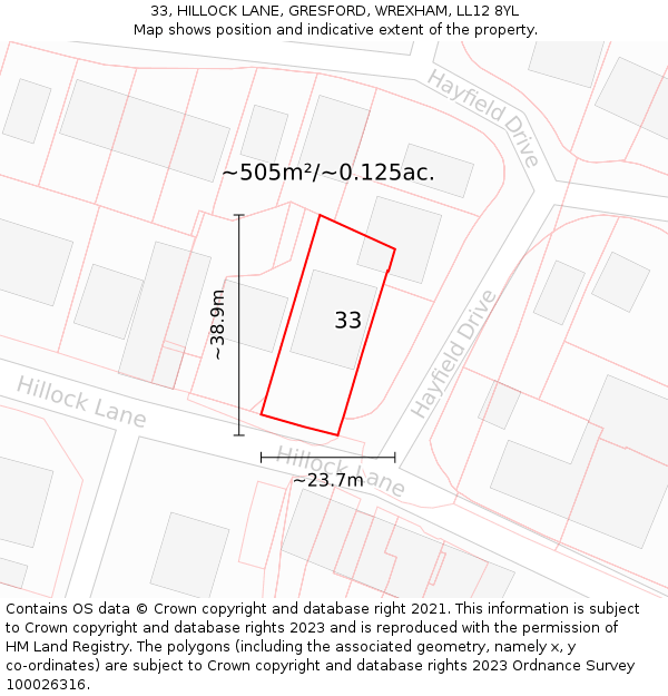 33, HILLOCK LANE, GRESFORD, WREXHAM, LL12 8YL: Plot and title map