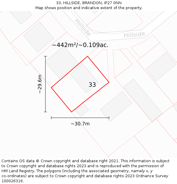 33, HILLSIDE, BRANDON, IP27 0NN: Plot and title map