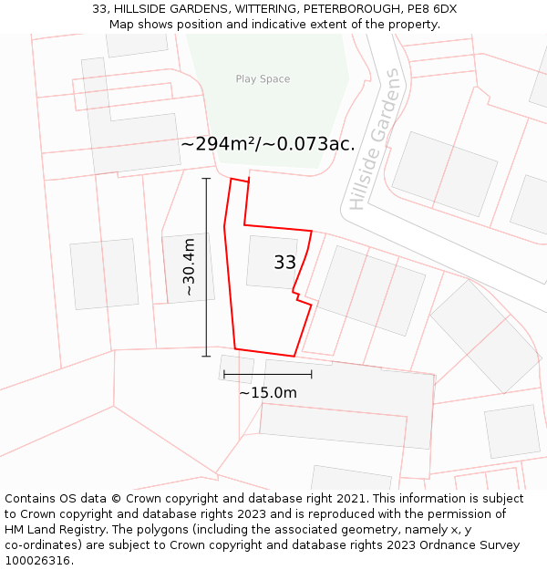 33, HILLSIDE GARDENS, WITTERING, PETERBOROUGH, PE8 6DX: Plot and title map