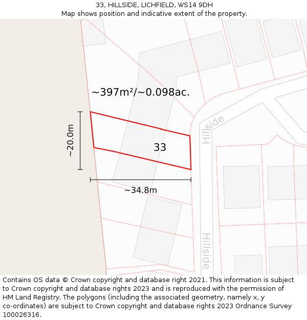 33, HILLSIDE, LICHFIELD, WS14 9DH: Plot and title map
