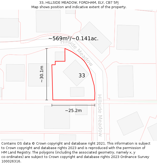 33, HILLSIDE MEADOW, FORDHAM, ELY, CB7 5PJ: Plot and title map