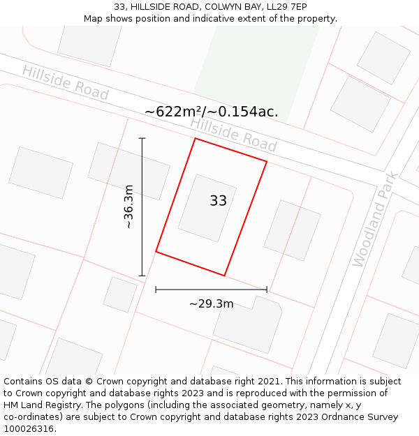 33, HILLSIDE ROAD, COLWYN BAY, LL29 7EP: Plot and title map