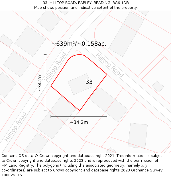 33, HILLTOP ROAD, EARLEY, READING, RG6 1DB: Plot and title map