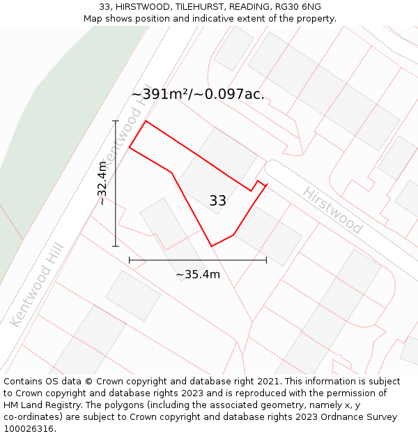33, HIRSTWOOD, TILEHURST, READING, RG30 6NG: Plot and title map