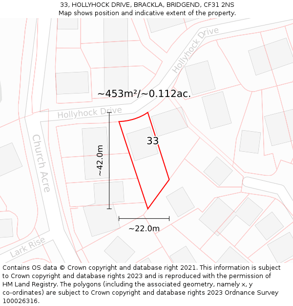 33, HOLLYHOCK DRIVE, BRACKLA, BRIDGEND, CF31 2NS: Plot and title map