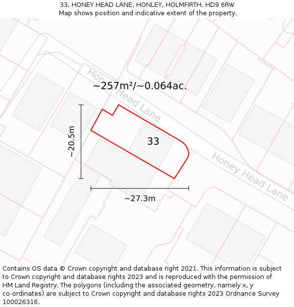 33, HONEY HEAD LANE, HONLEY, HOLMFIRTH, HD9 6RW: Plot and title map