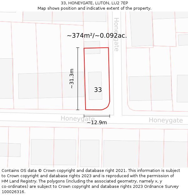 33, HONEYGATE, LUTON, LU2 7EP: Plot and title map