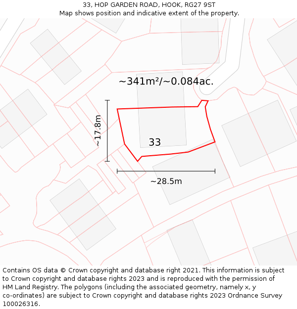 33, HOP GARDEN ROAD, HOOK, RG27 9ST: Plot and title map