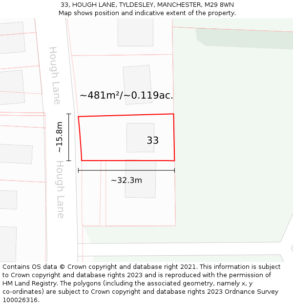 33, HOUGH LANE, TYLDESLEY, MANCHESTER, M29 8WN: Plot and title map
