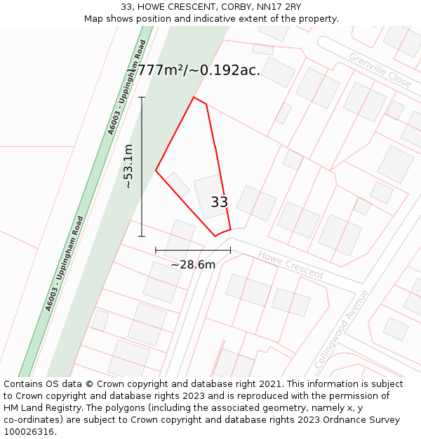 33, HOWE CRESCENT, CORBY, NN17 2RY: Plot and title map