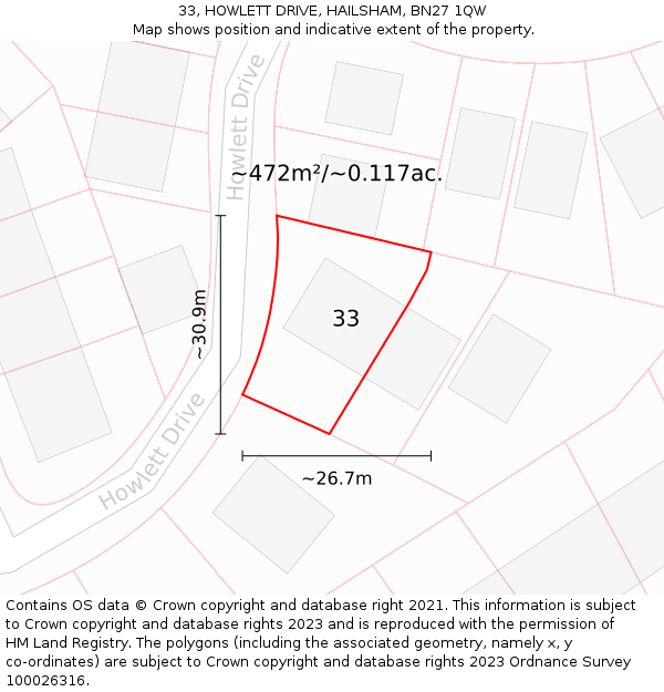 33, HOWLETT DRIVE, HAILSHAM, BN27 1QW: Plot and title map