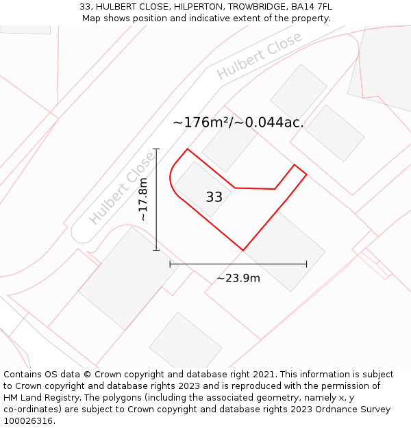 33, HULBERT CLOSE, HILPERTON, TROWBRIDGE, BA14 7FL: Plot and title map